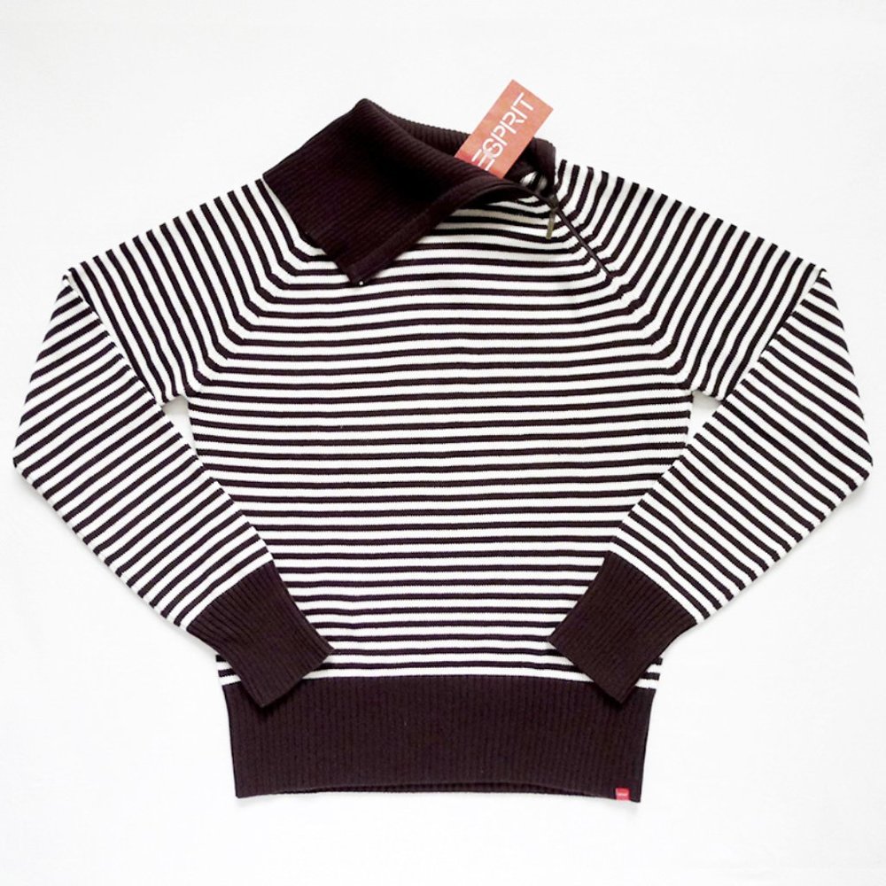NEW WITH TAG ESPRIT Brown White Asymmetrical Zipper Neck Stripped Knit Top M